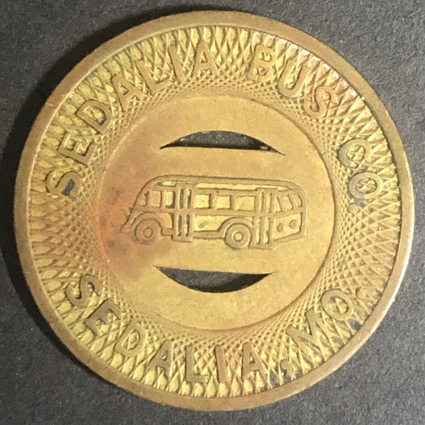 c1940's 22mm Sedalia Bus Co. G/F One Fare Brass Transit Token - Missouri