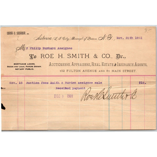 1901 Astoria LIC, NY Letterhead Roe H. Smith Co. Auctioneers RE & Ins. Agents
