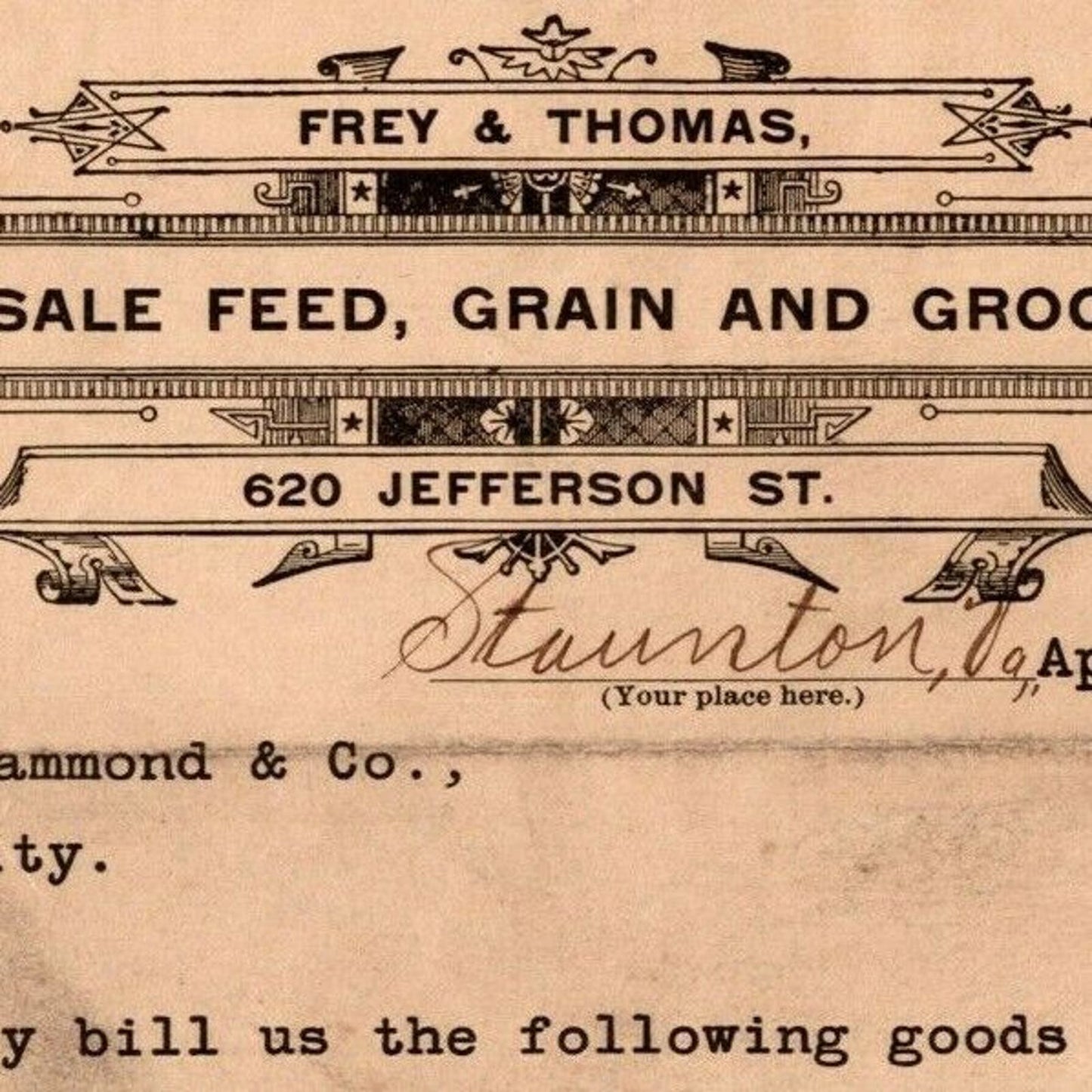 1903 Scarce Frey & Thomas Feed Grain Groceries Staunton, VA Letterhead Billhead