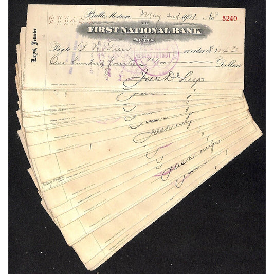 Group of 25+ 1907 FNB / Leys Jeweler Butte, MT Bank Checks