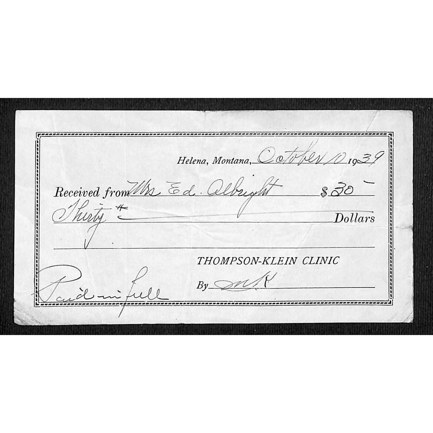 Thompson-Klein Clinic Helena Montana 1939 Receipt / Billhead $30