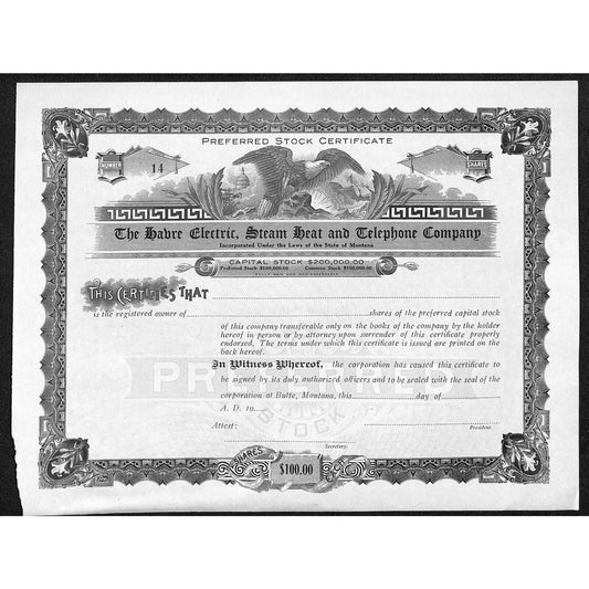 Havre Electric, Steam Heat and Telephone Montana c1910 Unused Stock Certificate