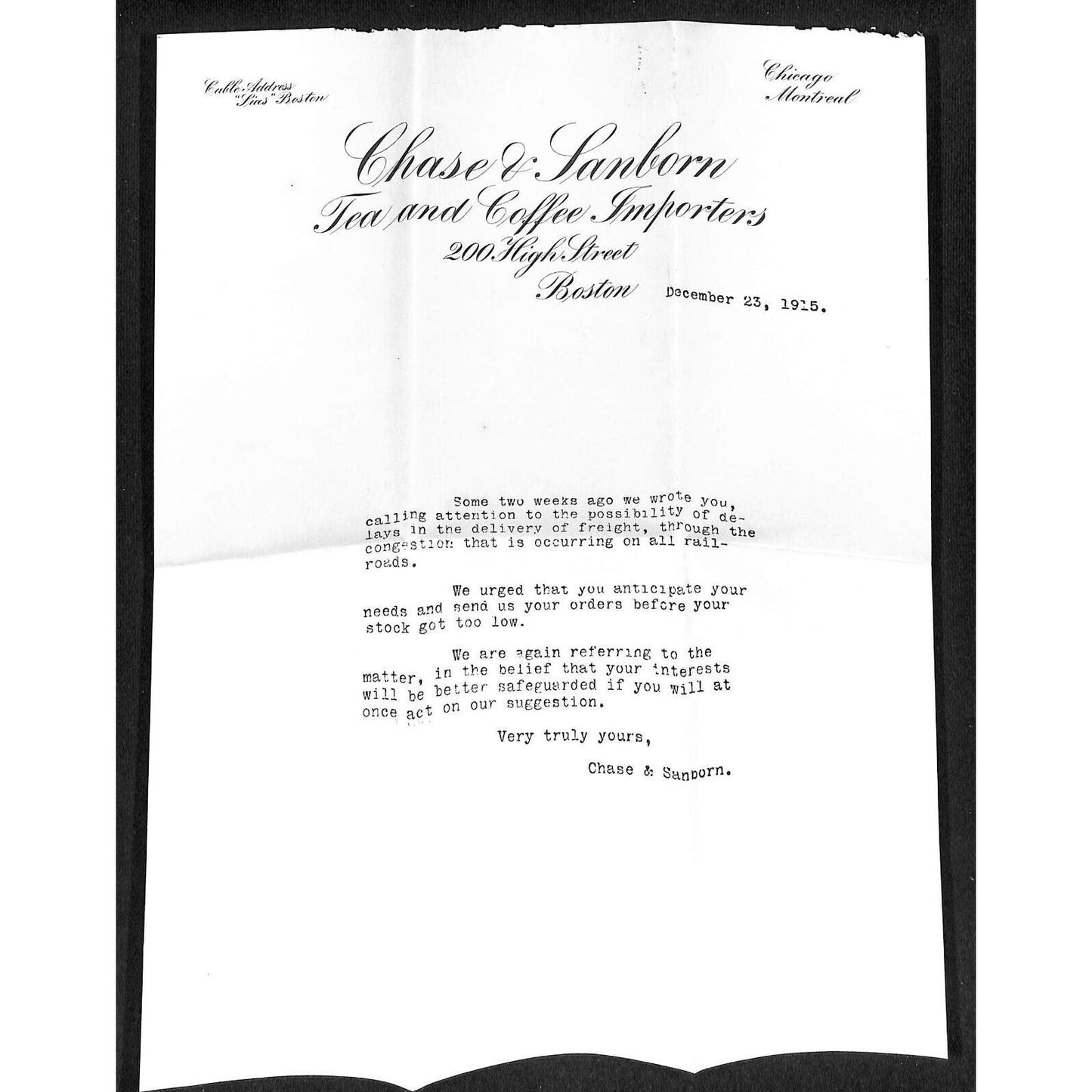 Boston, MA Chase & Sanborn Tea & Coffee 1915 Letterhead re: Delivery Delays VGC