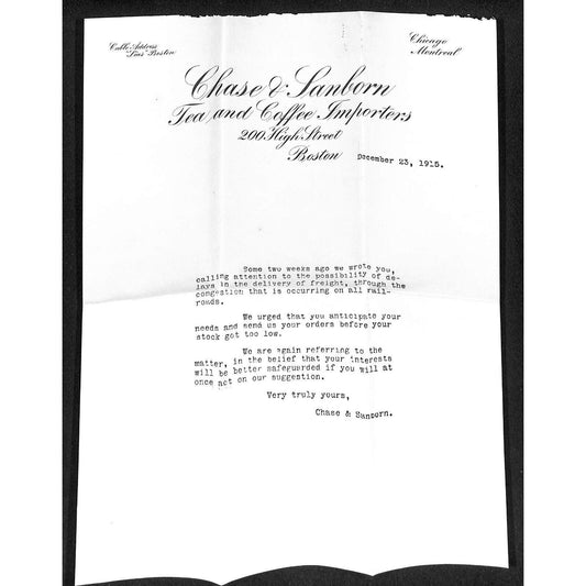 Boston, MA Chase & Sanborn Tea & Coffee 1915 Letterhead re: Delivery Delays VGC