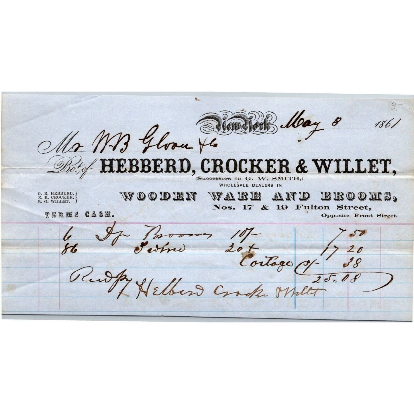 Hebberd, Crocker & Willet to Glover, Warner & Clarke Sandy Hook Letterhead 1861