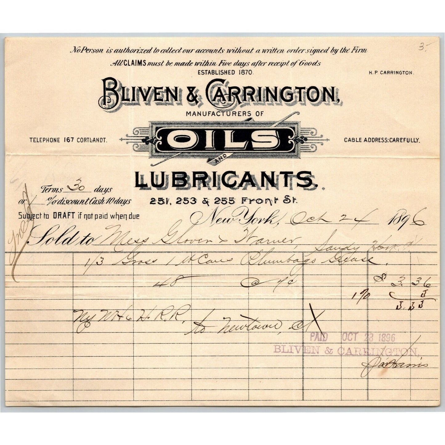 Bliven & Carrington Oil NY to Glover, Warner & Clarke Sandy Hook Letterhead 1896