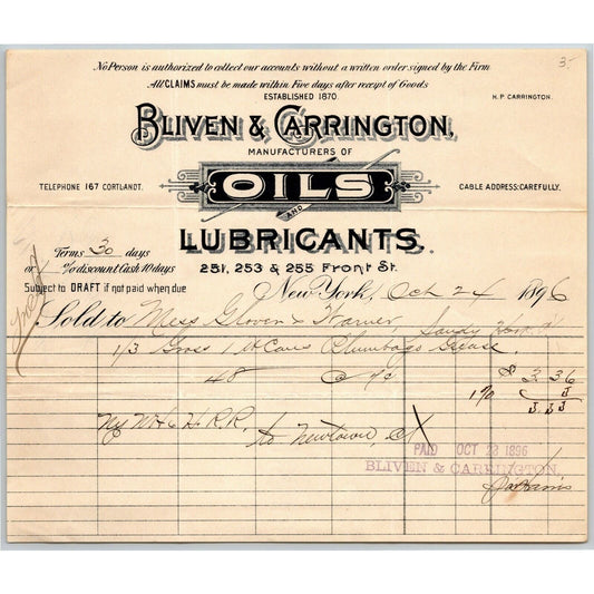 Bliven & Carrington Oil NY to Glover, Warner & Clarke Sandy Hook Letterhead 1896
