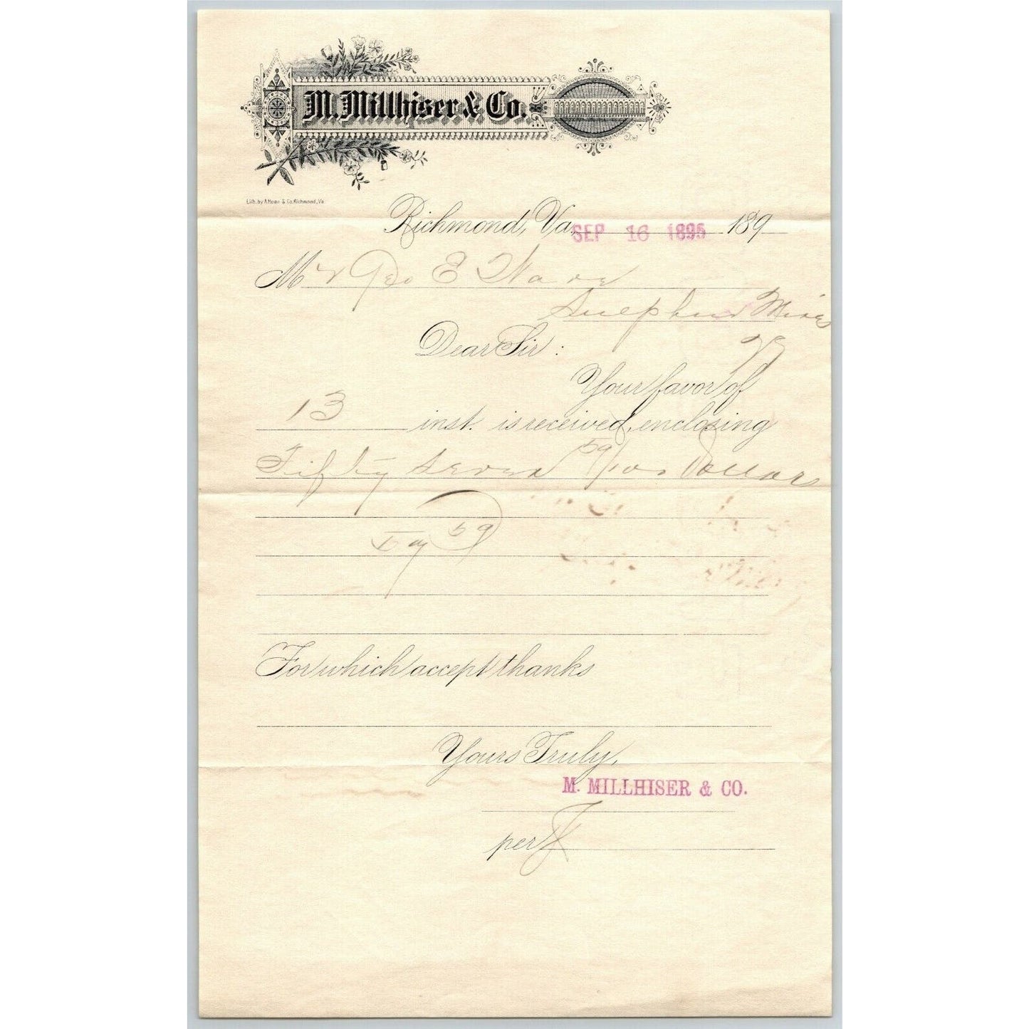 M. Millhiser & Co. -Tobacco Bags- Letterhead Richmond, VA to: Geo. E. Wear 1895