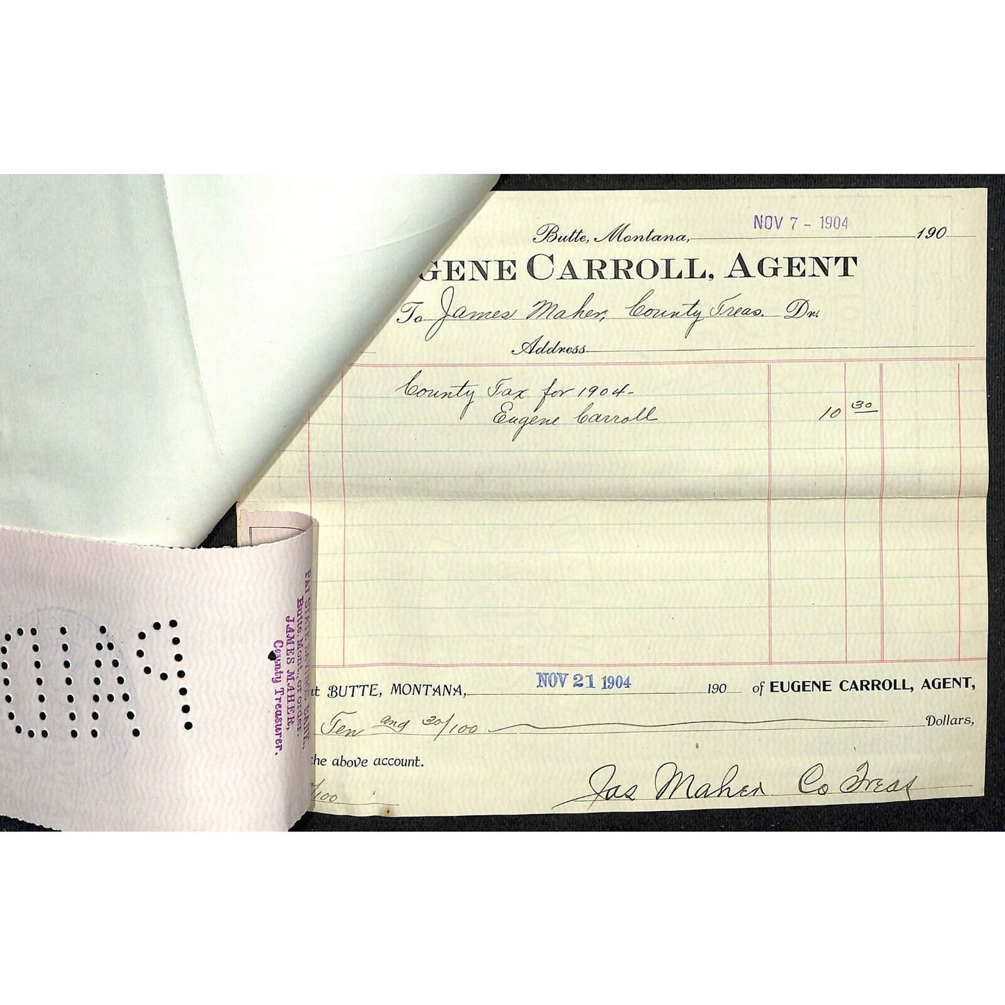 1904 Check Daly Bank Trust of Butte, MT Eugene Carroll - Silver Bow Tax Receipt