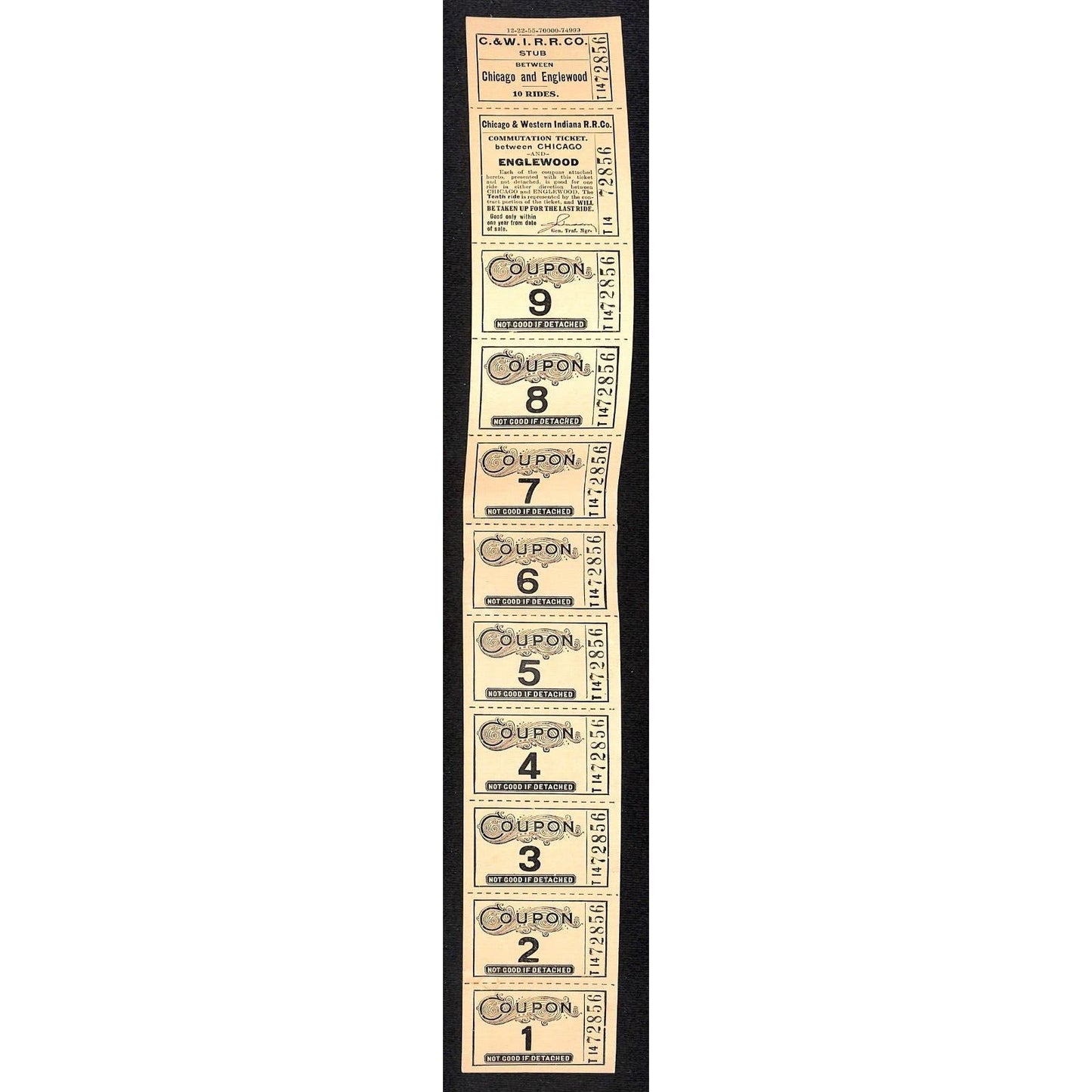 c1955 Chicago & Western Indiana RR Englewood 14" 10 Ride Ticket Strip Unused VGC