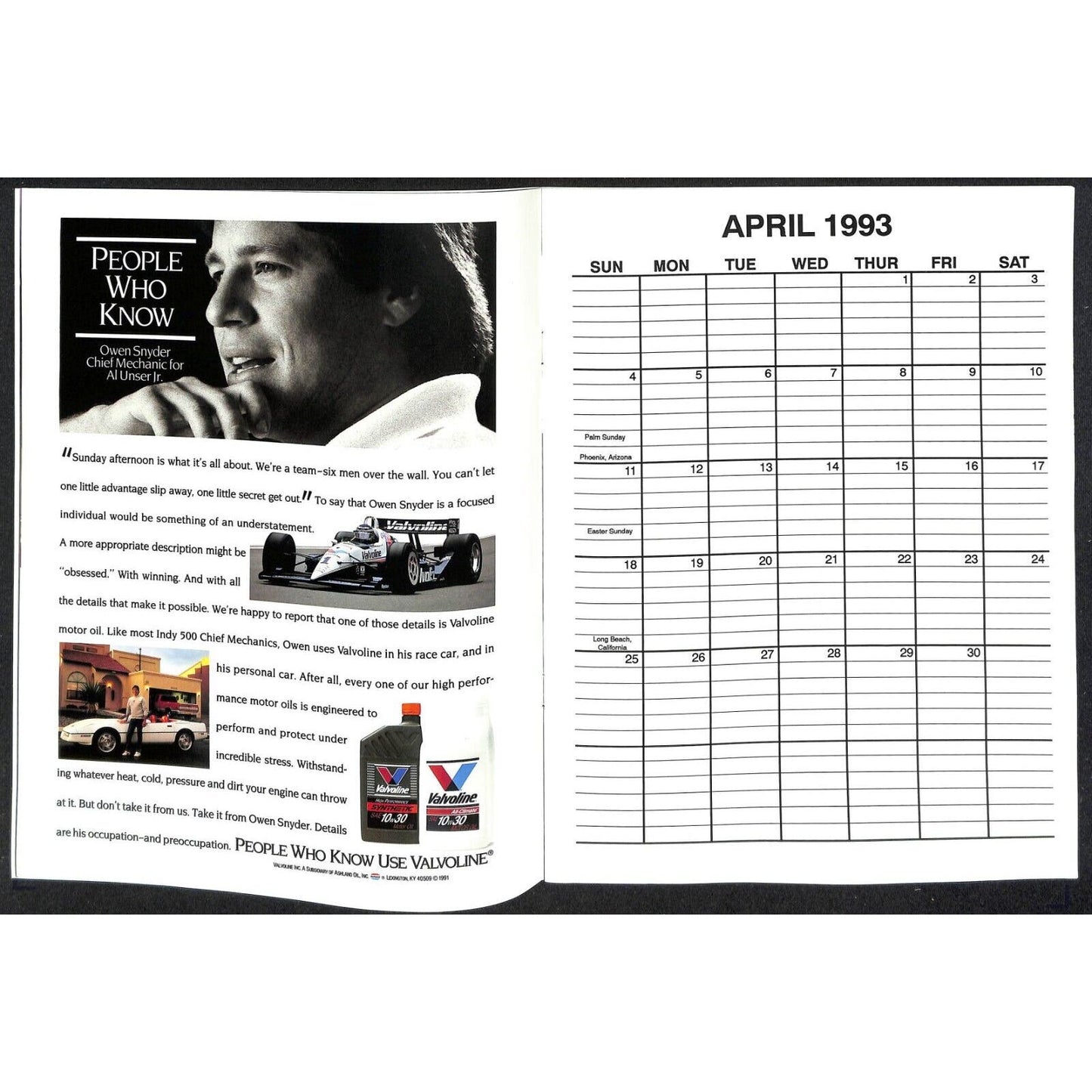1993 Indy 500 PPG CDA Championship Drivers Assoc. Calendar w/ Bobby Rahal