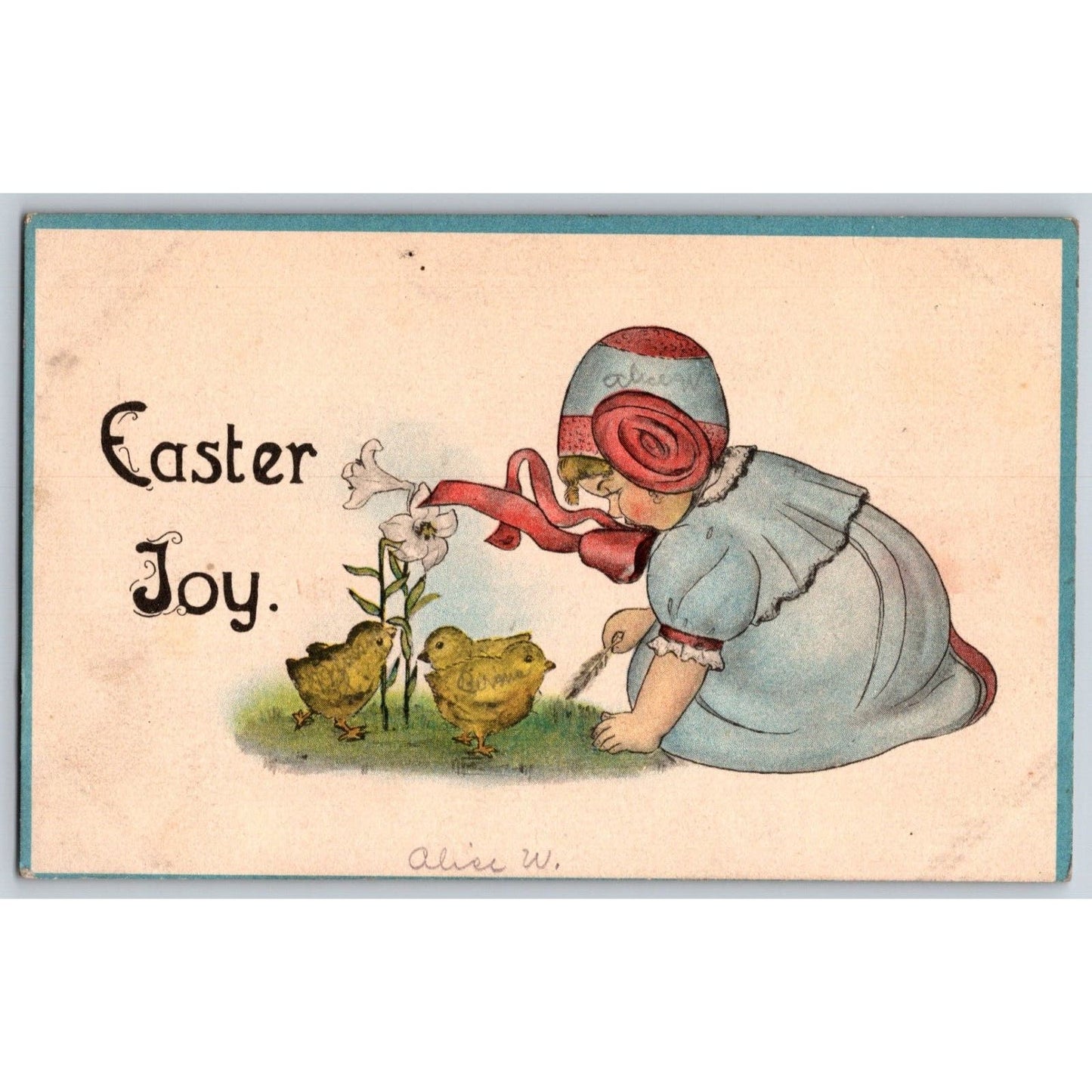 Easter Postcard "Easter Joy" Floral Girl Plays w. Baby Chicks NP c1918