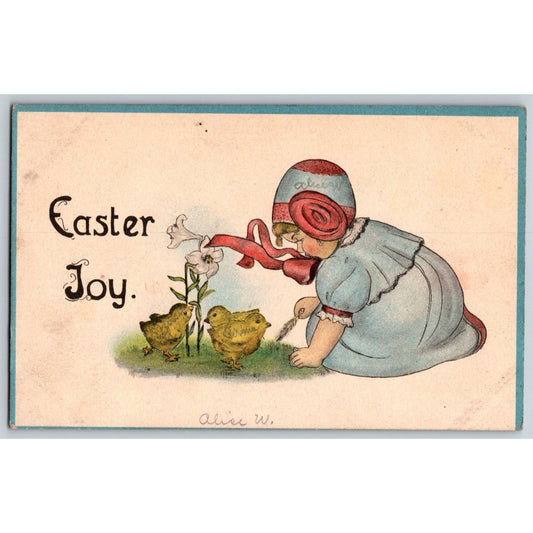 Easter Postcard "Easter Joy" Floral Girl Plays w. Baby Chicks NP c1918