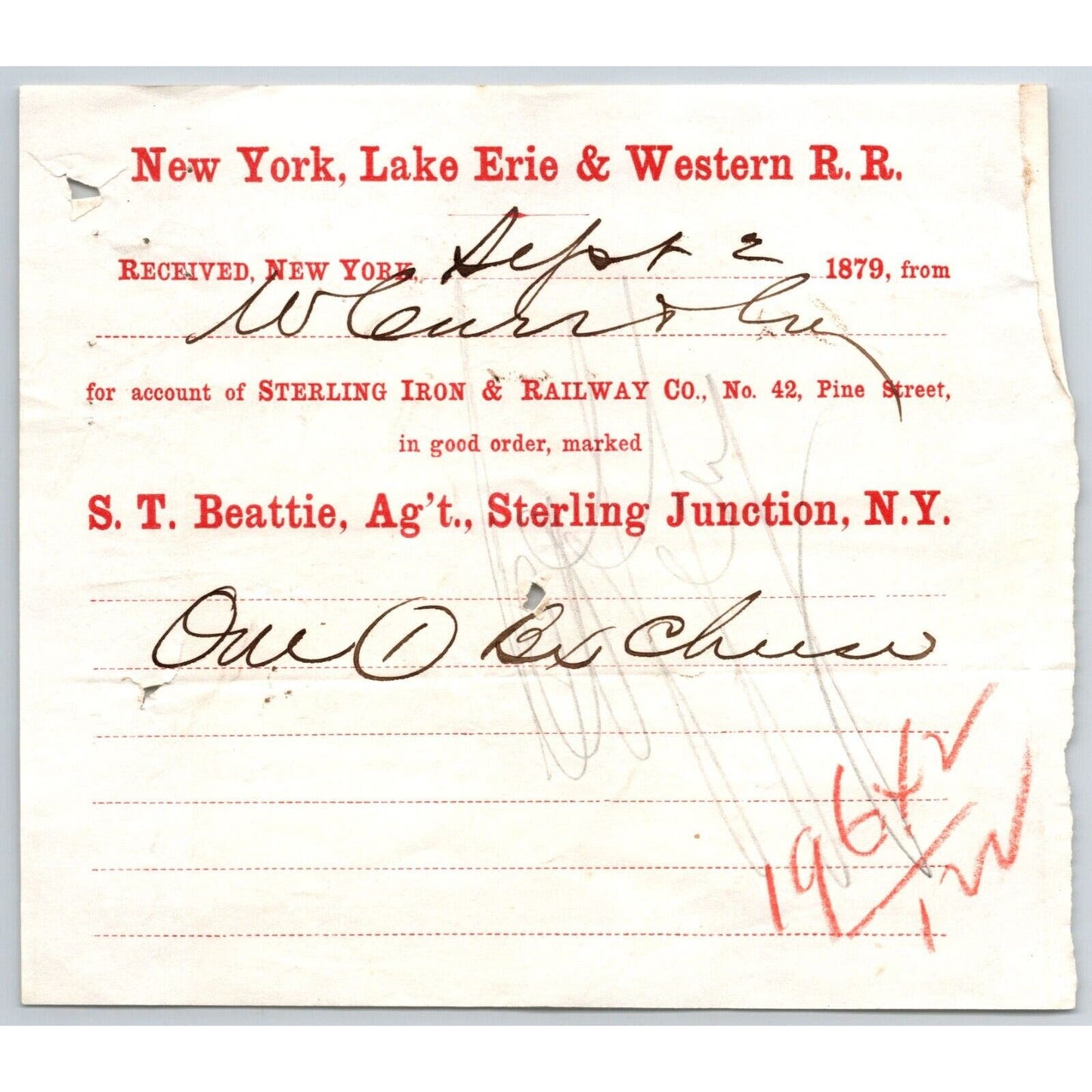 New York, Lake Erie & Western R.R. 1879 Railroad Freight Billhead Box of Cheese?