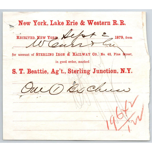 New York, Lake Erie & Western R.R. 1879 Railroad Freight Billhead Box of Cheese?