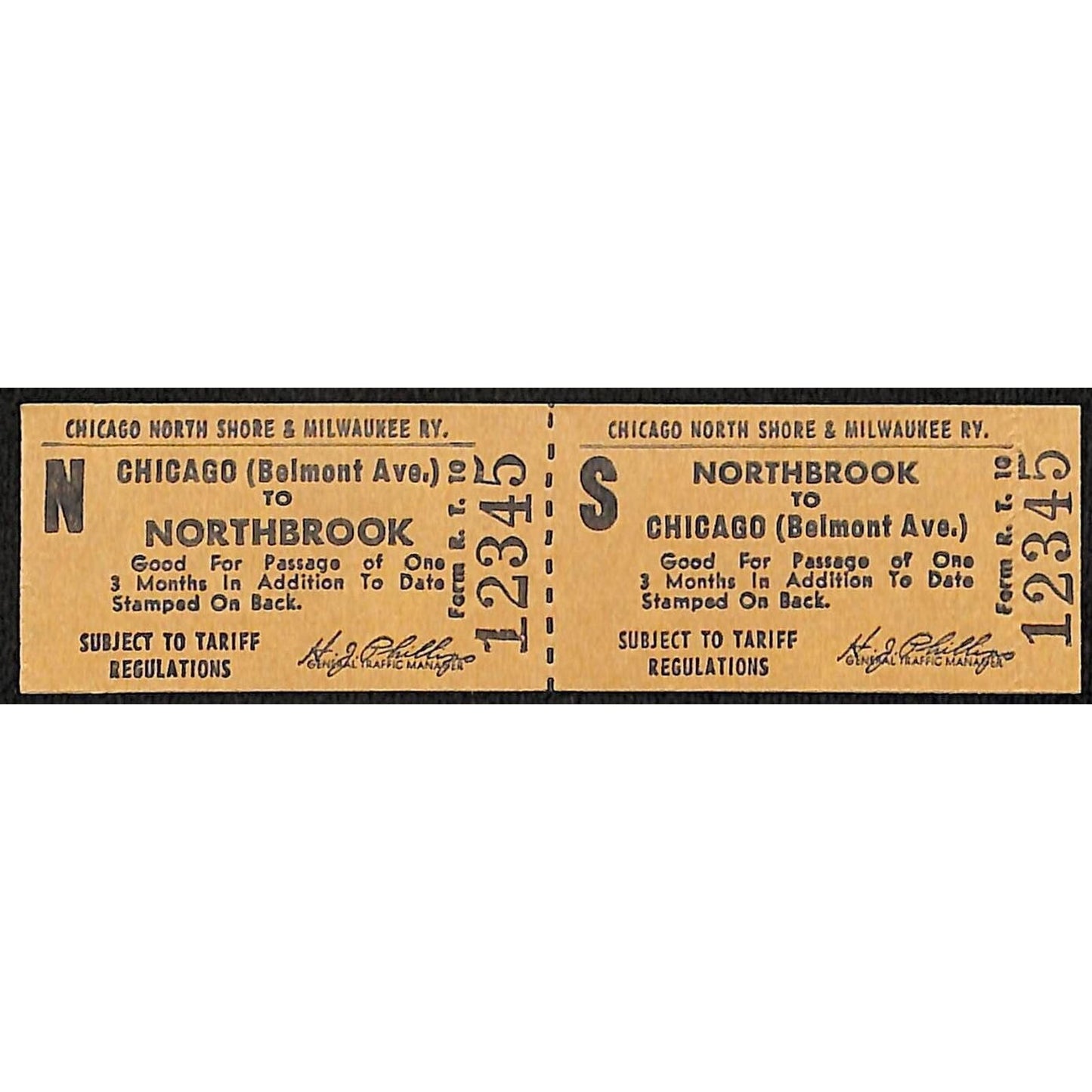 Chicago North Shore & Milwaukee RR c1930's-50's Ticket Northbrook #12345