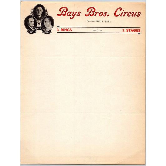 Bays Bros. Circus Letterhead c1935-39 "3 Rings 2 Stages" Scarce