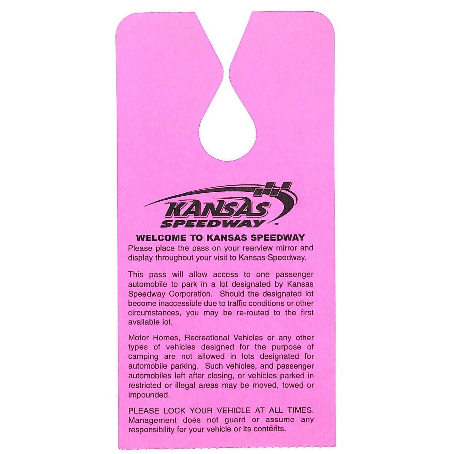 c2000 Kansas Speedway Hanging July 6-8 Control Tower Parking Pass #35 VGC