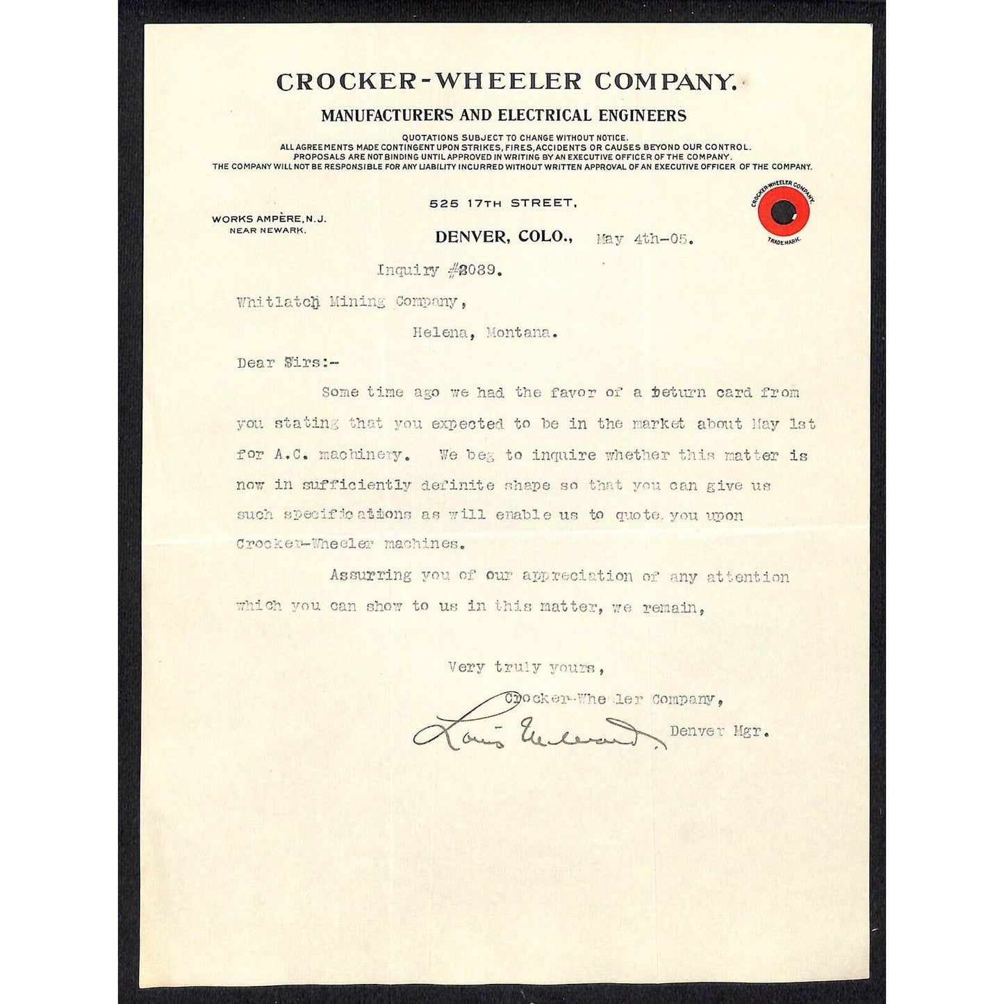 Denver, CO Cocker-Wheeler Co. Electrical Engineers 1905 Letterhead