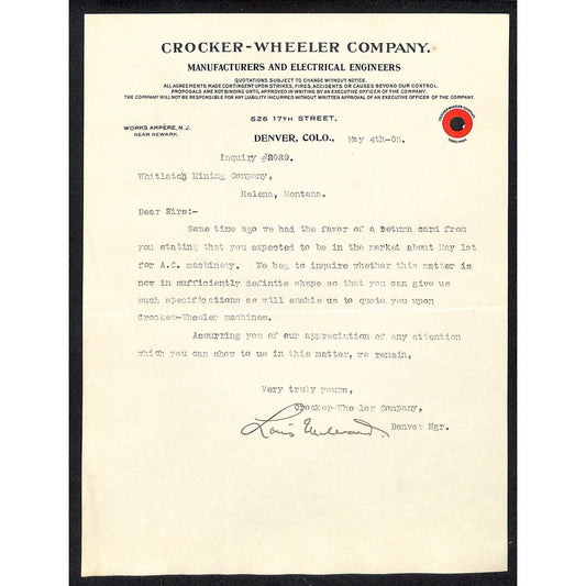 Denver, CO Cocker-Wheeler Co. Electrical Engineers 1905 Letterhead