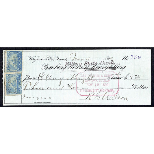 Virginia City, MT Henry Elling State Bank 1899 Check w/ Rev / Tax Stamps