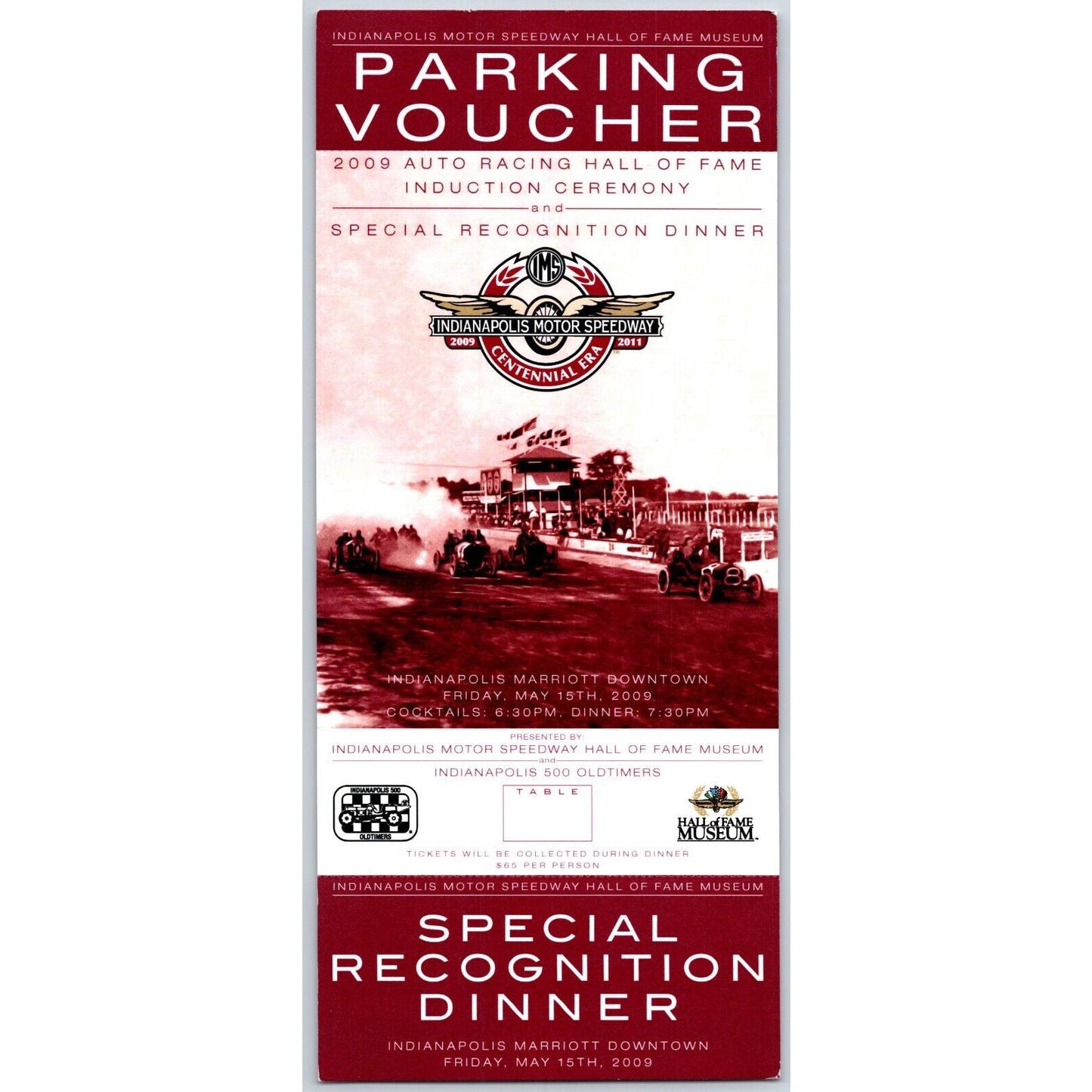 Indianapolis 500 2009 Hall of Fame Induction / Dinner Parking Voucher - Scarce