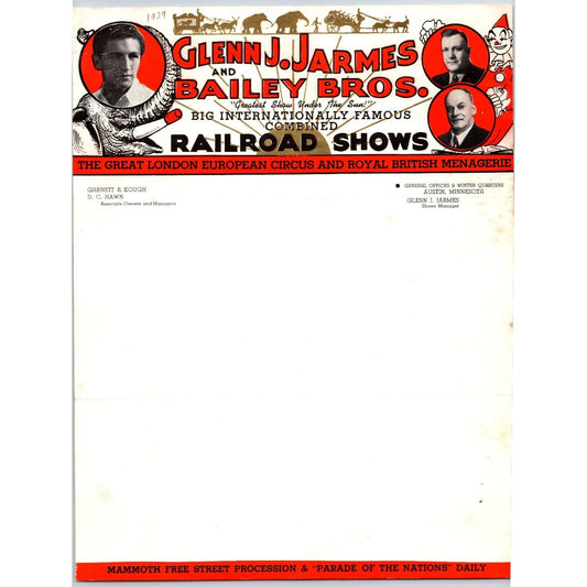Glenn J. Jarmes and Bailey Bros. Railroad Shows Circus Letterhead c1939 Scarce