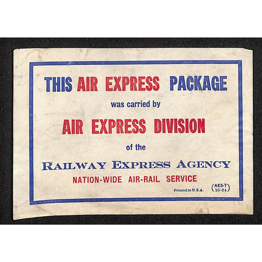 "This Air Express Package" (No Gum) Label Railway Express c1934 Scarce