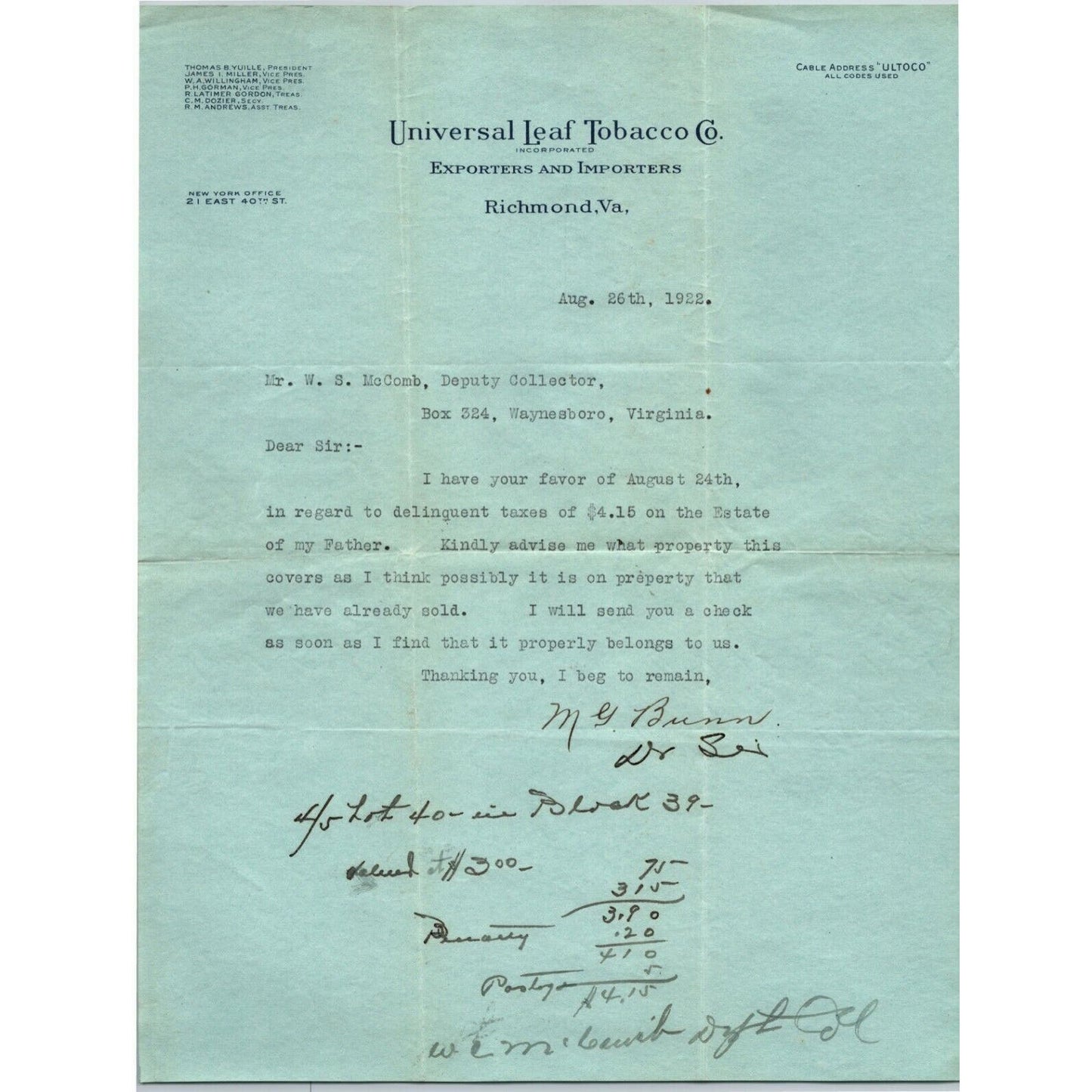 1928 Richmond, VA Letterhead Universal Leaf Tobacco Co. re: Delinquent Taxes