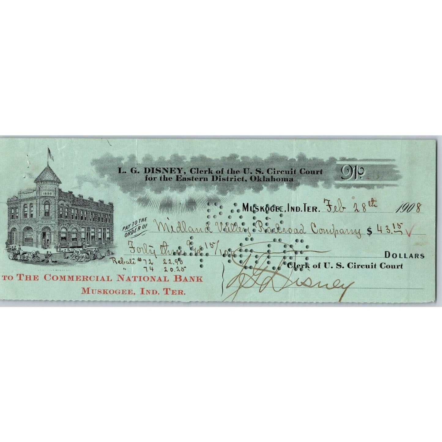 Muskogee, OK 1908 Indian Territory* L.G. Disney Court Clerk Bank Check Scarce