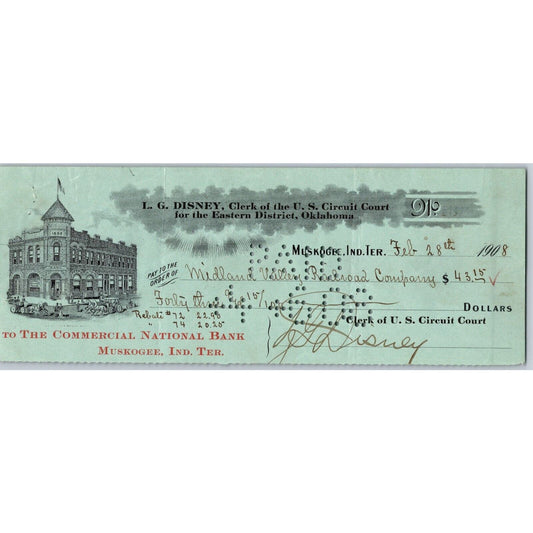 Muskogee, OK 1908 Indian Territory* L.G. Disney Court Clerk Bank Check Scarce