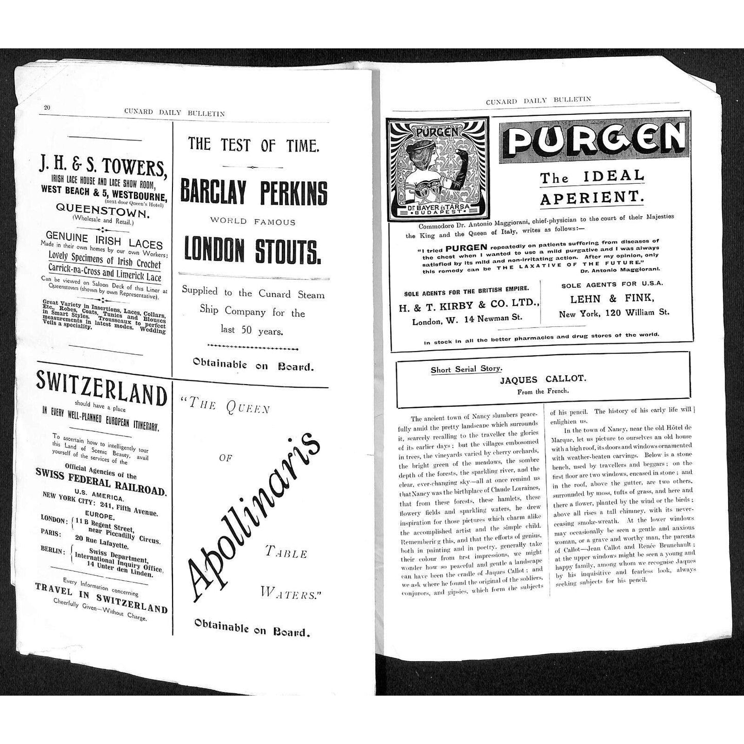 Cunard Daily Bulletin 1911 pp2-32 Present- and Missing Cover and pp15-18 Scarce