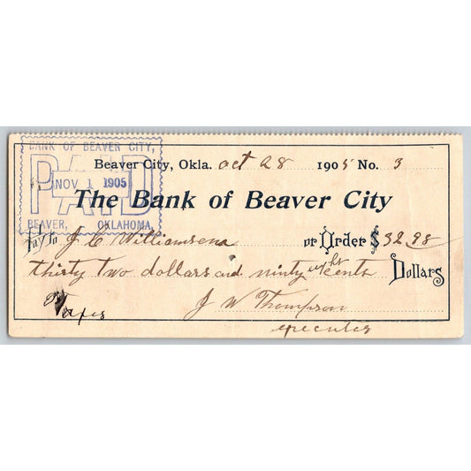 Beaver City, OK 1905 Indian Territory* "Bank of Beaver City" Check $32.98 Scarce