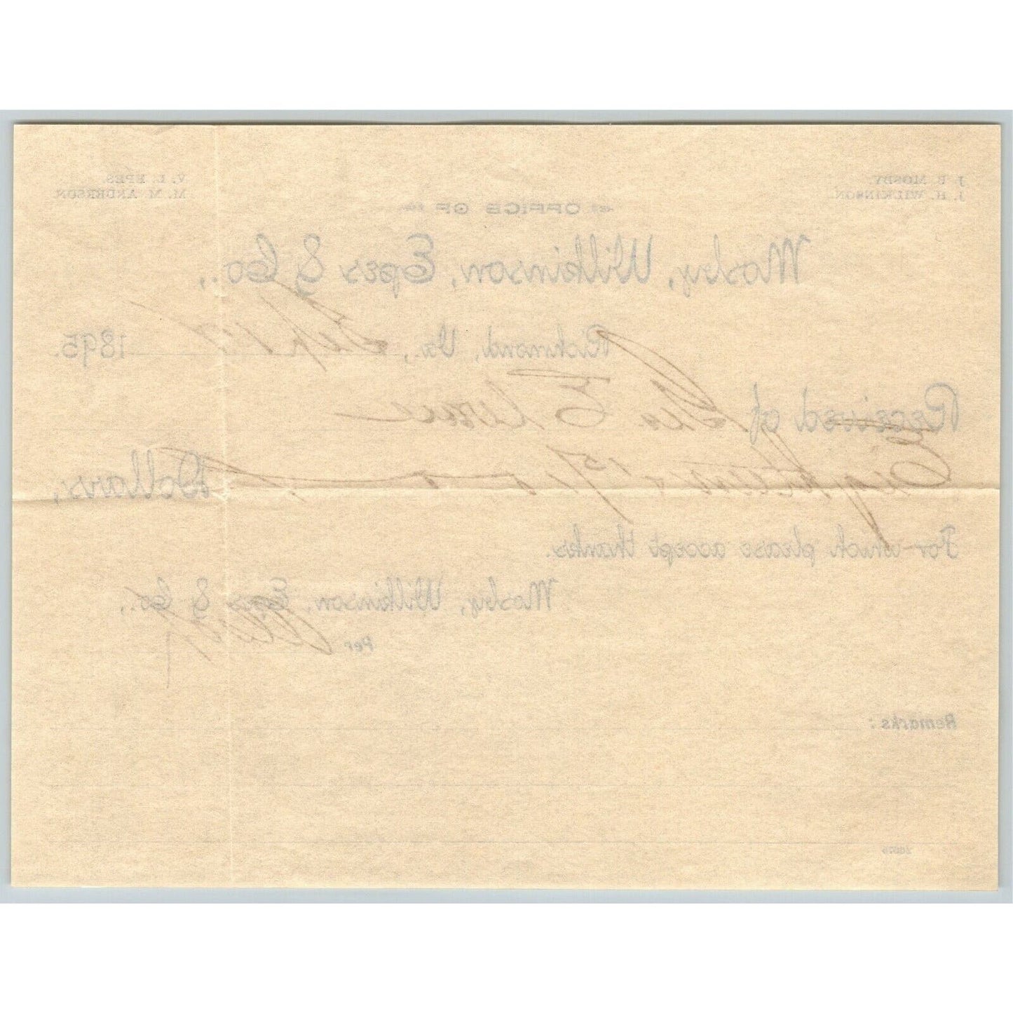 Mosby, Wilkinson, Epes & Co. Letterhead Richmond, VA to: Geo. E. Wear c1895