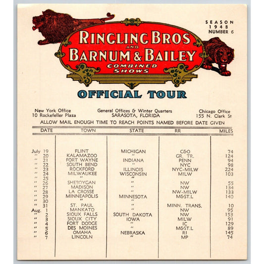 1948 Ringling Bros Barnum Bailey Circus Route Card Fort Wayne Flint Rockford