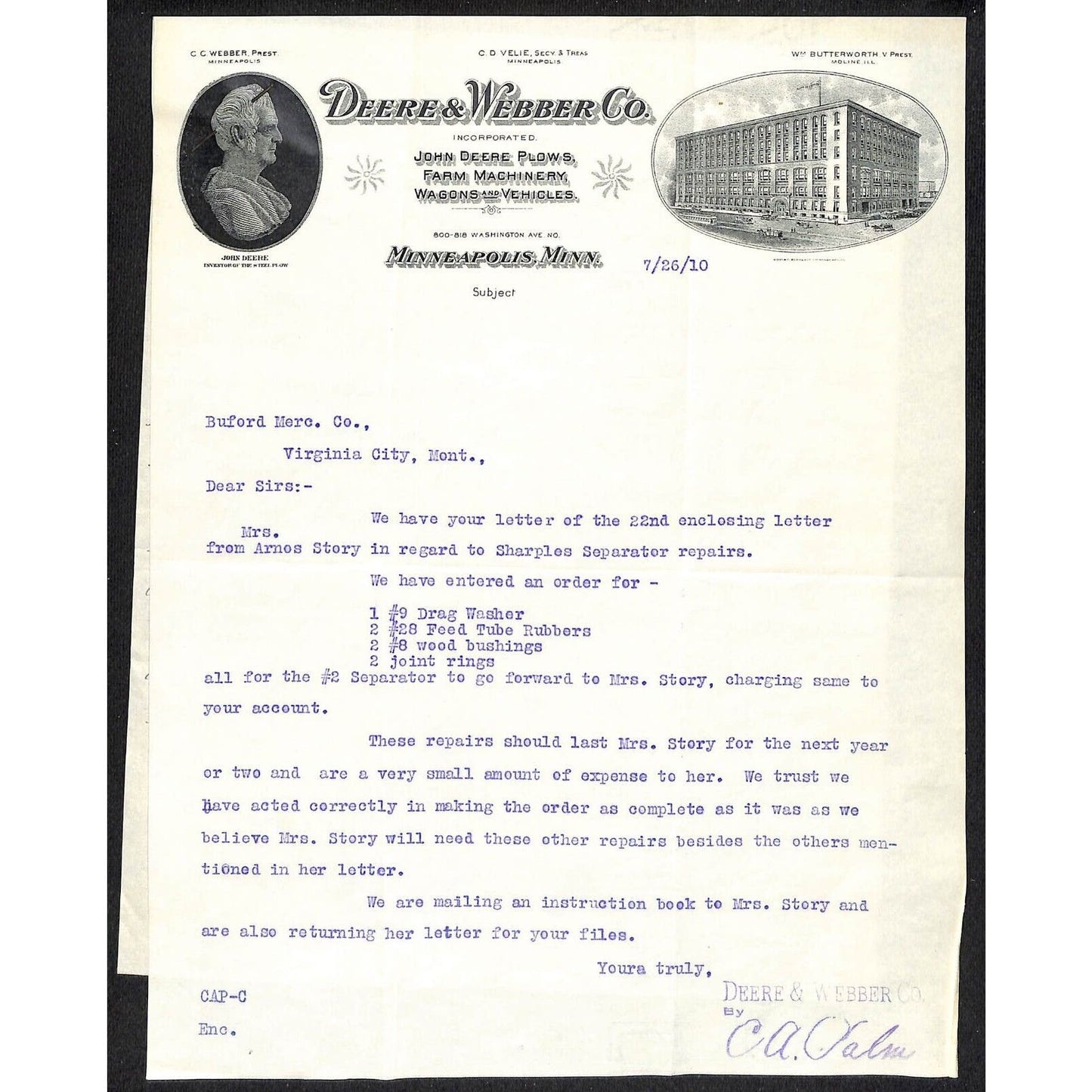Deere-Webber Co* Minneapolis 1910 Letterhead Buford** re: Parts Order + 2nd Note