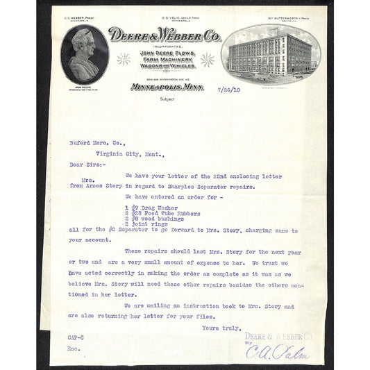Deere-Webber Co* Minneapolis 1910 Letterhead Buford** re: Parts Order + 2nd Note
