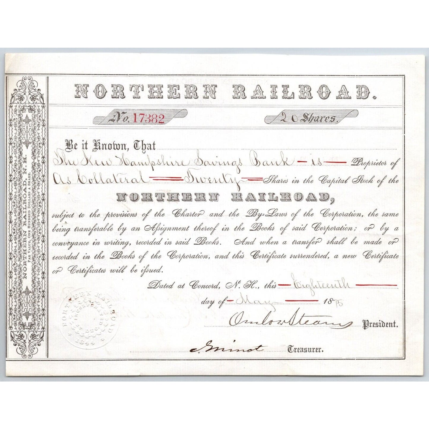 1875 Concord, NH Northern Railroad Stock Certificate No. 17382 for 20 Shares