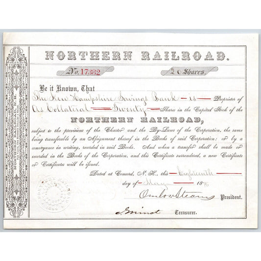 1875 Concord, NH Northern Railroad Stock Certificate No. 17382 for 20 Shares