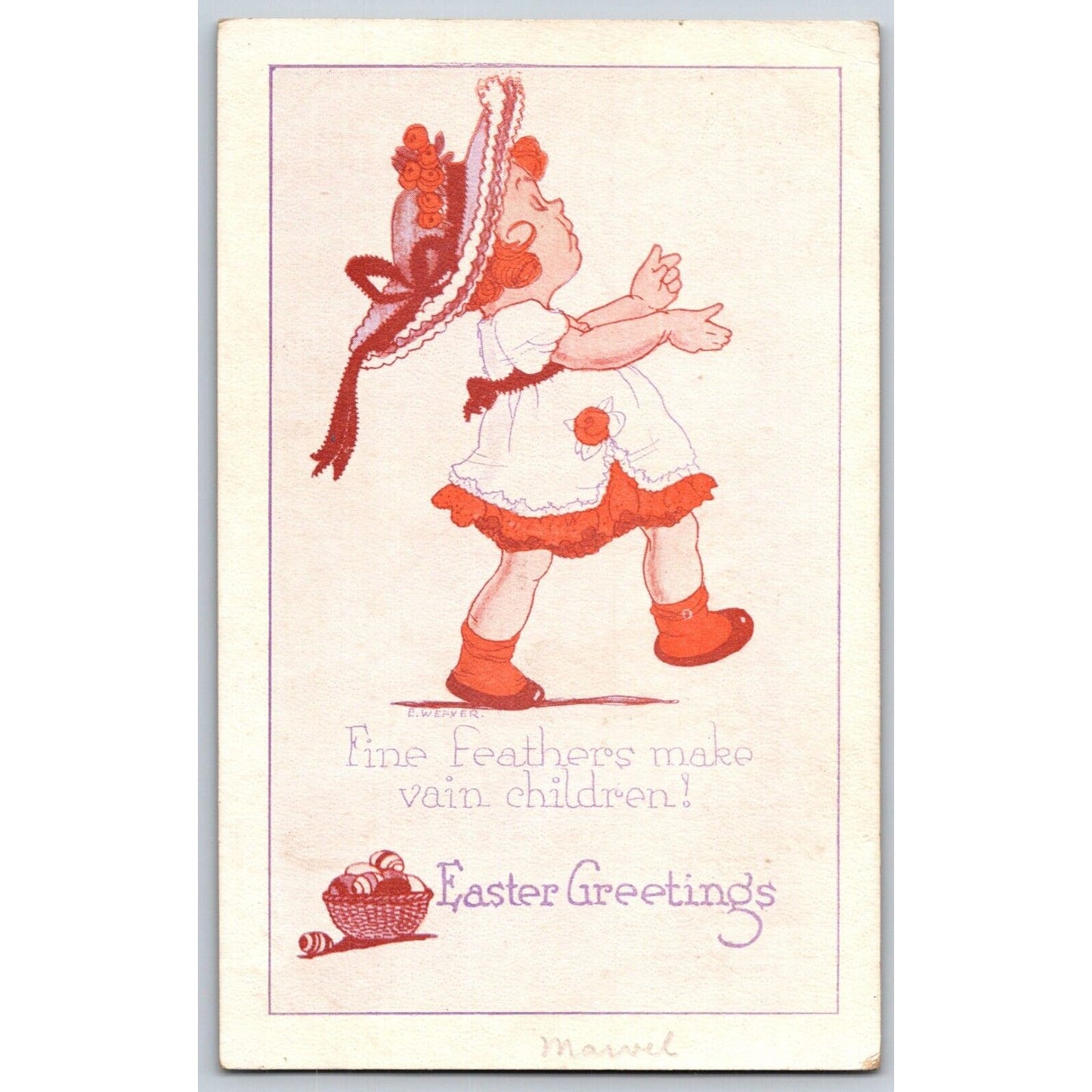 Vintage Easter Postcard "Easter Greetings" Little Girl Basket w/ Easter Eggs