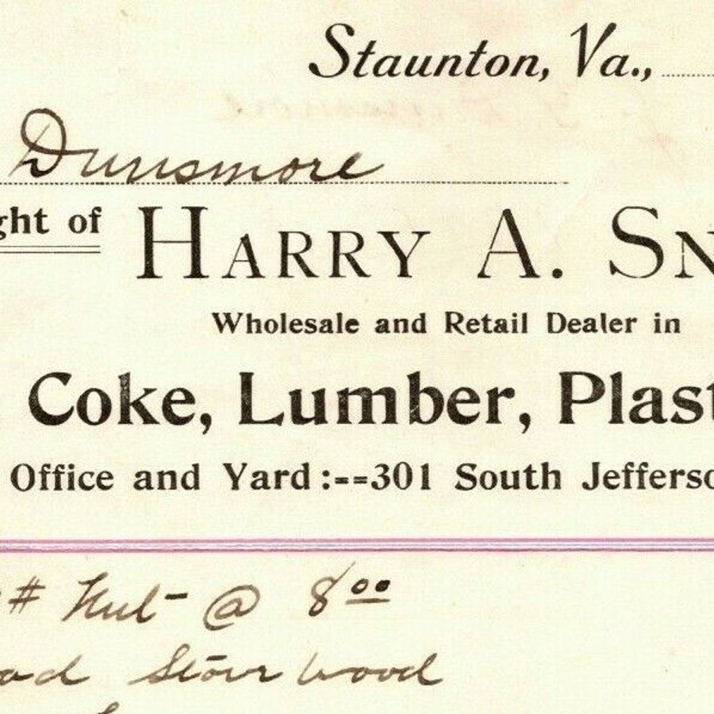 1906 Scarce Harry A. Snyder Coal Wood Lumber Billhead Letterhead Staunton, VA