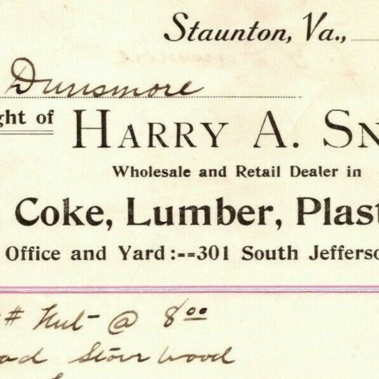 1906 Scarce Harry A. Snyder Coal Wood Lumber Billhead Letterhead Staunton, VA