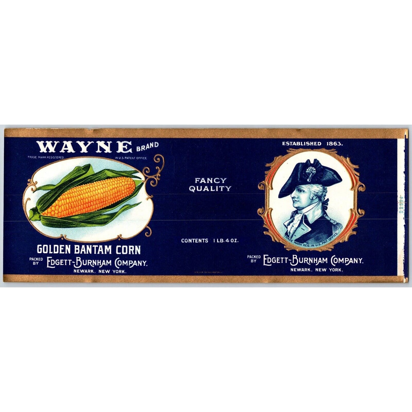 Wayne Golden Bantam Corn Paper Can Label Edgett-Burnham Newark, NY c1925 VGC