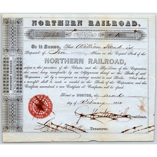 1850 Boston, MA Northern Railroad Stock Certificate No. 7562 for 10 Shares