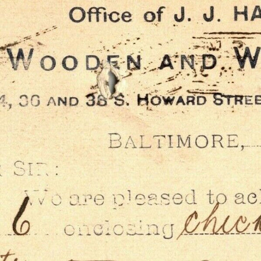 1897 Adv. Payment Conf. Postcard J.J. Haines Wooden Willow Baltimore E. Baker*