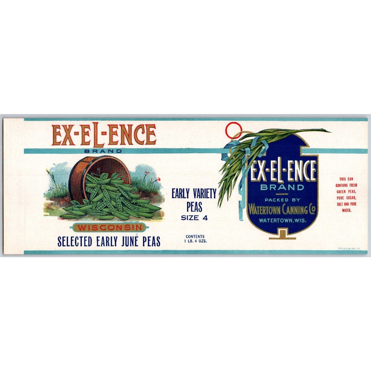 Ex-El-Ence Wisconsin Early June Peas Paper Can Label c1920's-30's VGC