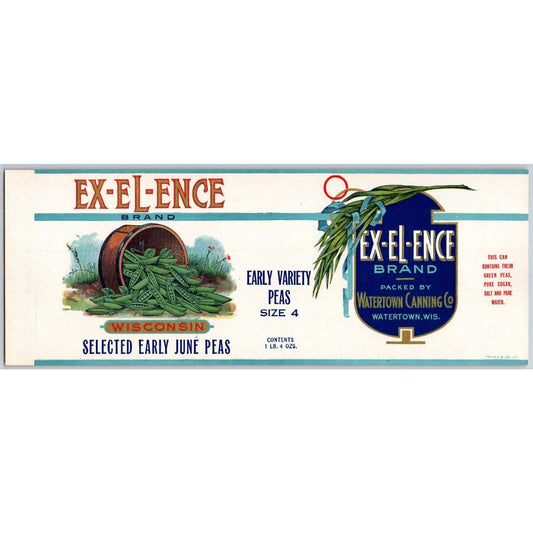 Ex-El-Ence Wisconsin Early June Peas Paper Can Label c1920's-30's VGC