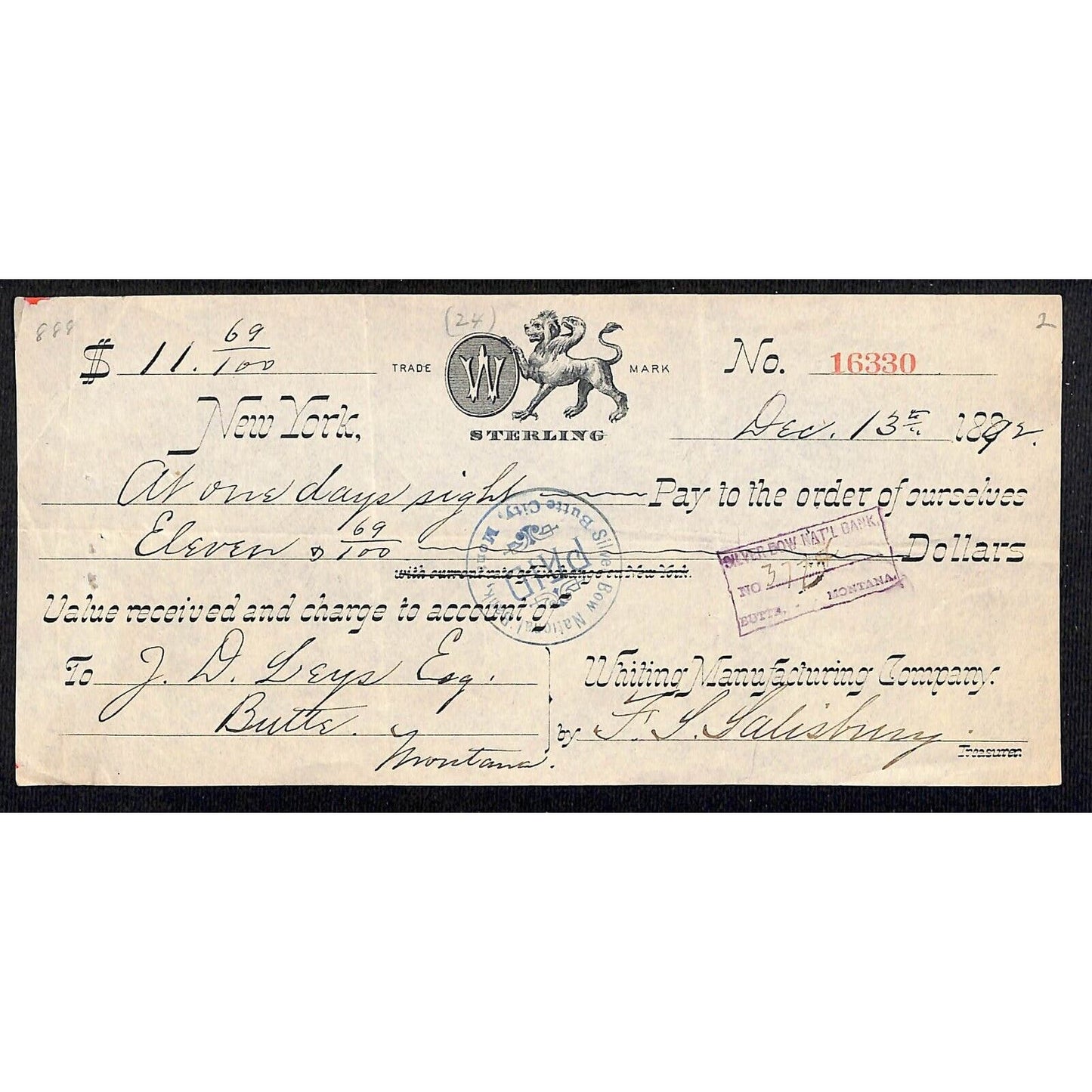 New York Whiting Manufacturing Sterling Silverware Bank Check 1892* Very Scarce