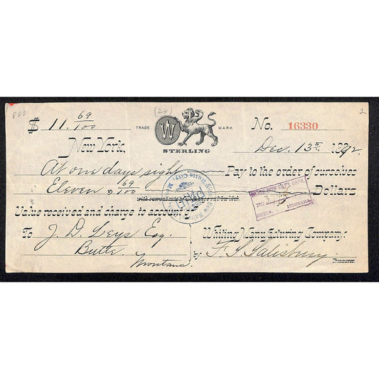 New York Whiting Manufacturing Sterling Silverware Bank Check 1892* Very Scarce