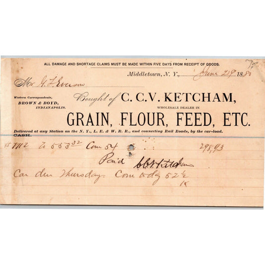 C.C.V. Ketcham 1880 Letterhead - Middletown, NY Dealer in Flour Feed Grain Etc.
